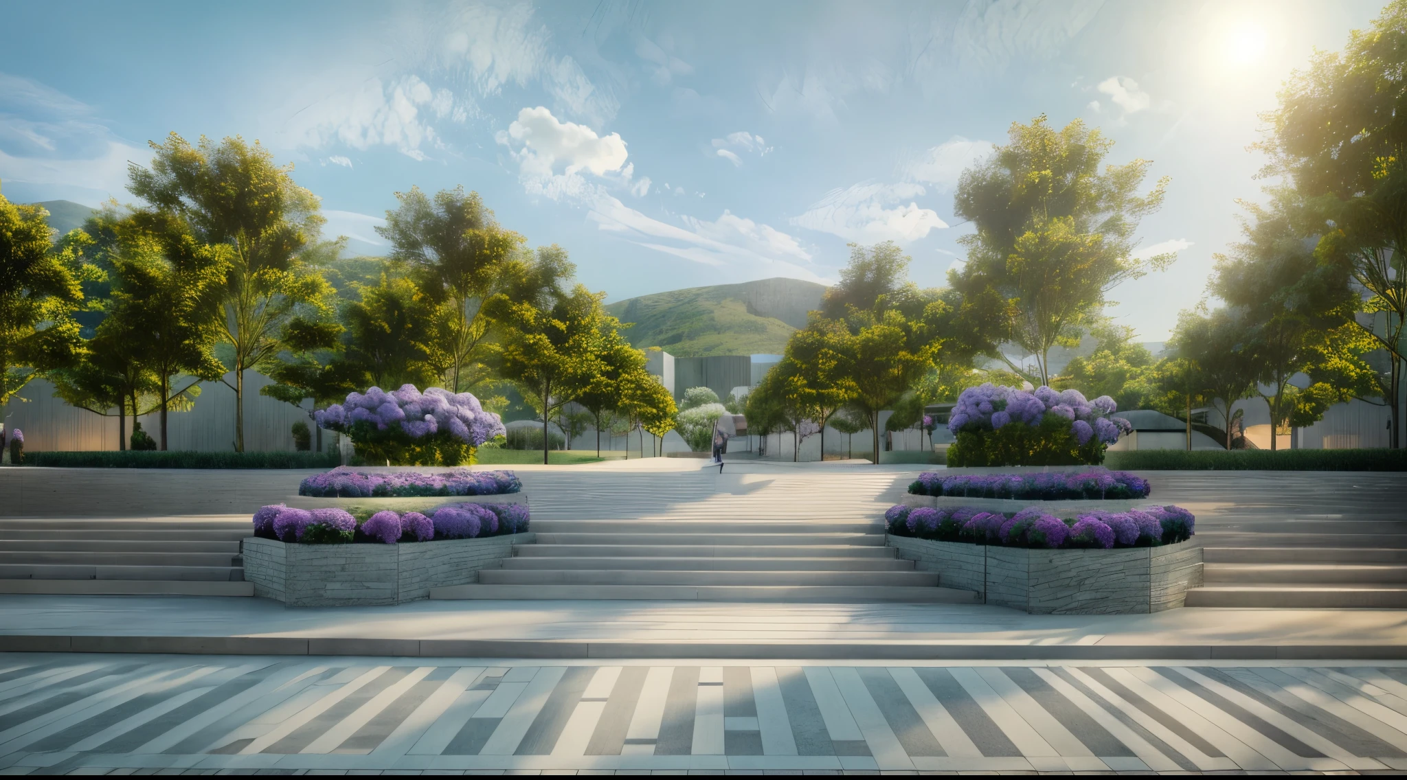 Generate architectural rendering of central square, J, landscape, trees and flowers, people, grey steps. background, green roof, sky, concrete stairs, sculpture, purple hydrangea, surrealism, masterpiece, best quality, super detail, high quality, high resolution, 8k