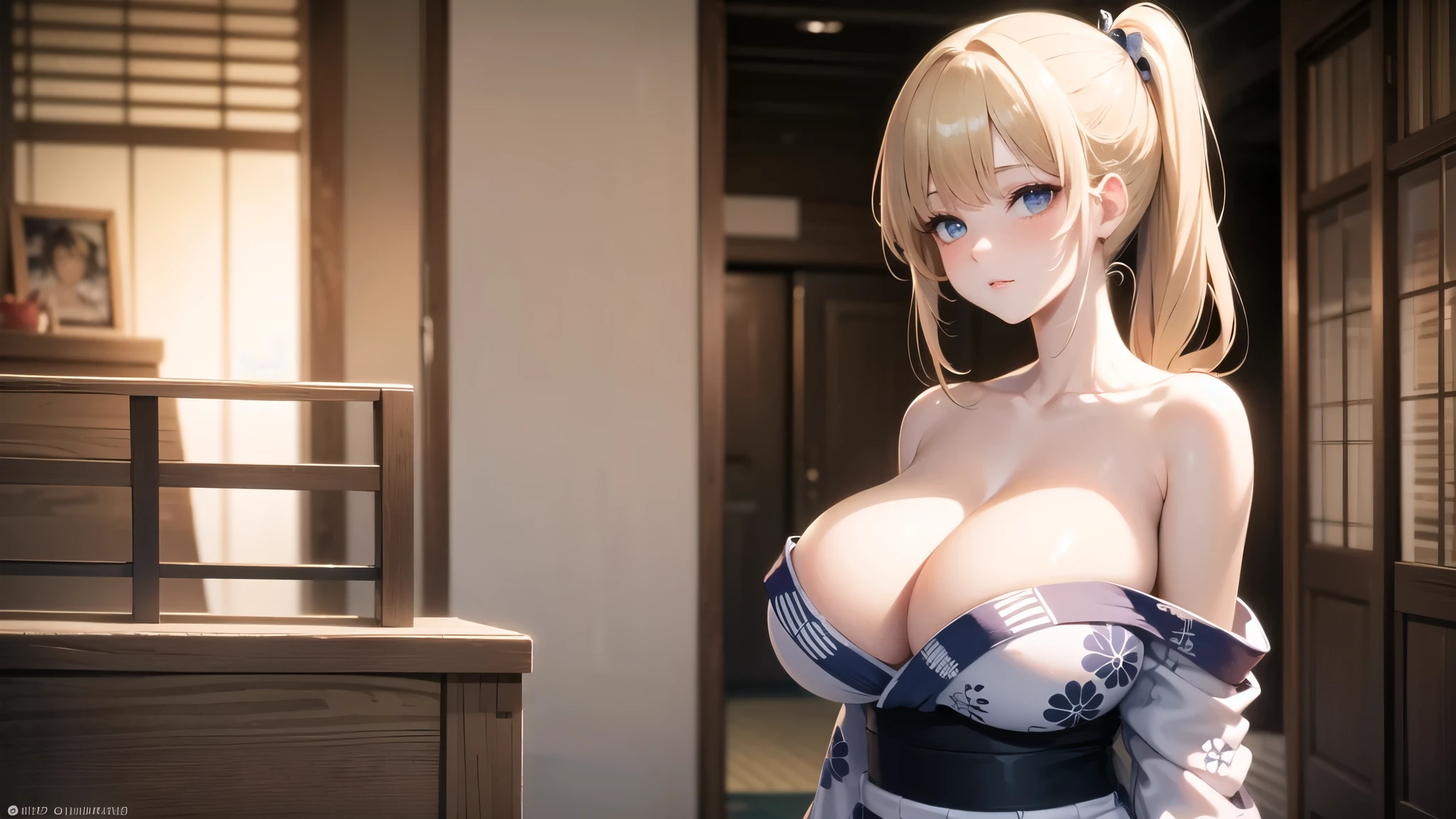 (((masterpiece, best quality))), (((superior quality))), cute girl, ((extremely detailed girl)), ((huge breasts)), (yukata), (bare shoulders), strapless top, twin-tail blonde