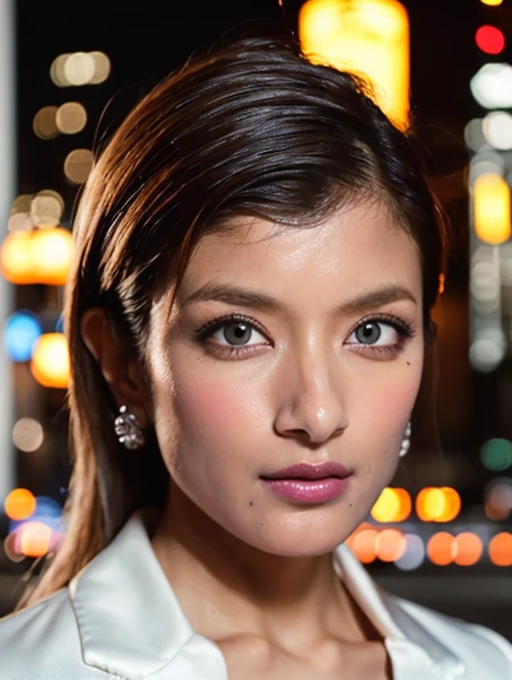 Looking into the camera, Bust Shot, Mix 4,(8k, RAW Photos, highest quality, masterpiece:1.2), (Realistic, photo-Realistic:1.37),1girl,cute,Cityscape, night, rain, Wet, Professional Lighting, Photon Mapping, Radio City, Physically Based Rendering, Gradient black hair, Gray Hair, Short Curly Hair, good looking, girl, White ball suit, Superior Quality, High resolution, 1080p, (Beautiful Face), (Detailed facial depiction), (Detailed description of the hand ),(masterpiece),(Detailed CG),Extreme light and shadow, Messy Hair, masterpiece, Rich details,(exquisite features),(highest quality),(masterpiece),(Delicate eyes),I look forward to meeting you, Beautiful clavicle