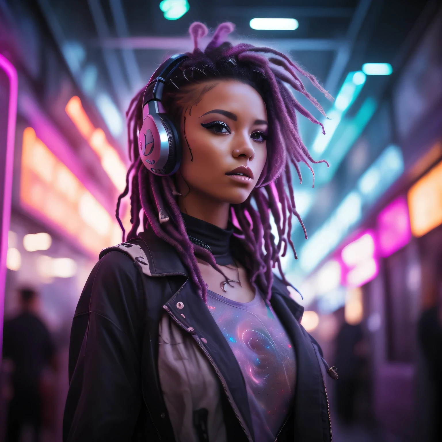 A photo of a female with vibrant purple dreadlocks, dj headphone, big boobs, dressed in a futuristic t-shirt neckline and ripped jeans. The dynamic lights and energy of the arcade floor enhance the overall composition. Epic character composition, sharp focus, and natural lighting. The subsurface scattering effect adds a touch of an ethereal glow, while the f2 aperture and 35mm lens create a perfect balance of depth and detail.  7cy6er7p0nk9