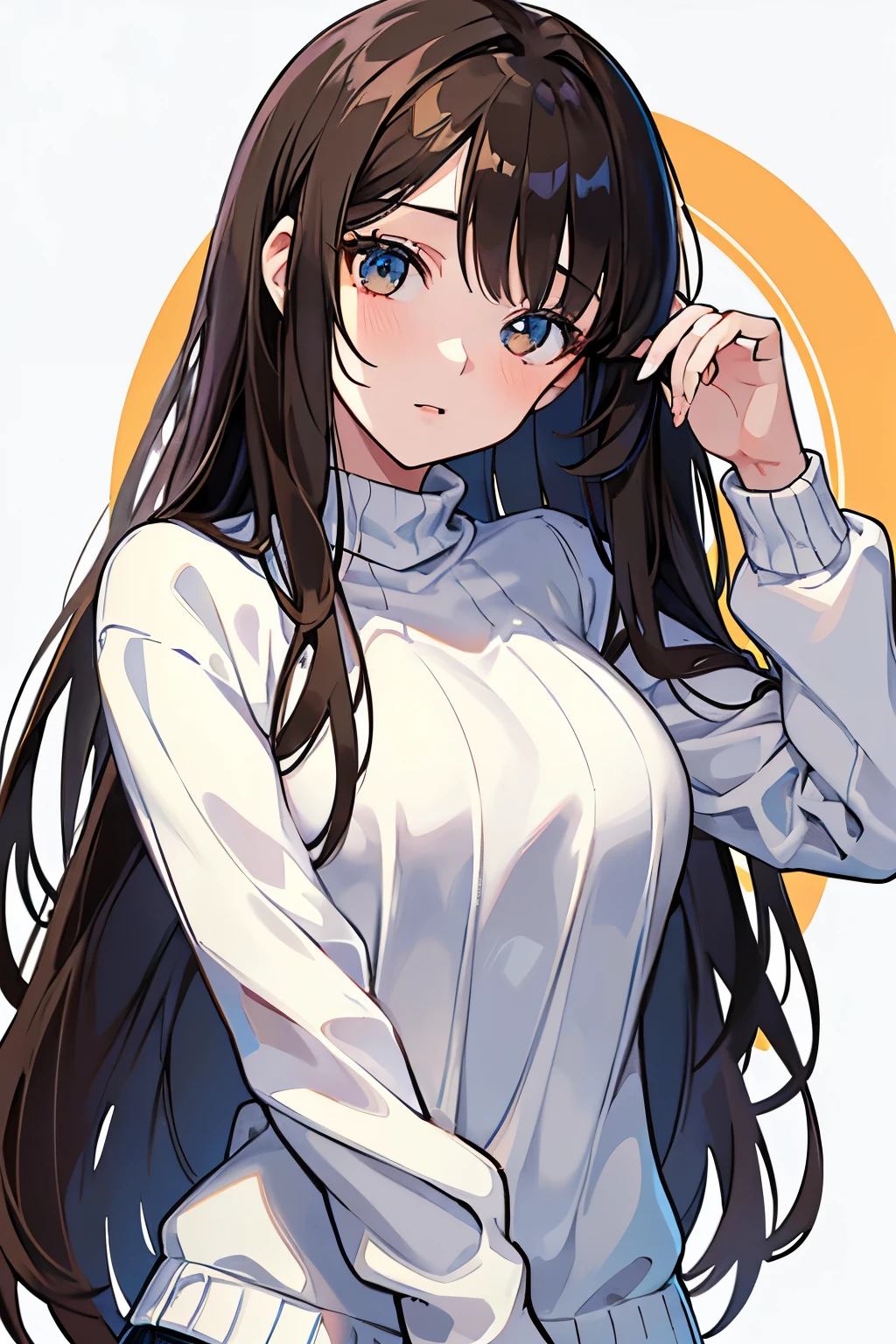 ((highest quality)), ((masterpiece)), (be familiar with), Illustrated style,Perfect Face,1 girl,Dark brown hair,Long Hair,Radiant Skin,Big, bright eyes,Beautiful bangs,Big Breasts,Super Beauty,woman,20-year-old,White sweater,Long sleeve,,Beautiful clothes,