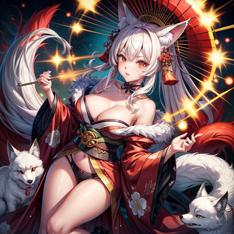 Fox Girl, adorned with a nine-tailed fox’s tail, stands boldly in an open frame. Kimono-clad, the art piece created by Iwata Toshiya and Tanaka Hiroshi, boasts a resolution of 8K. The renowned artist, Okuyama, collaborated with Kurosawa Kenji for its conceptualization. The fox girl's body, accentuated by the kimono's open chest, showcases a dominant, naughty アヘface with an emphasis on cleavage, revealing just enough bare skin to tease the viewer. The fox makeup and fox ears adorn her striking face,