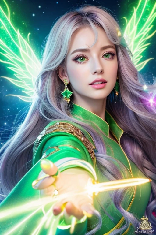 ((highest quality)), ((masterpiece)), (detailed), Perfect Face,kind,Healing,Alluring,fortune teller,Fantastic,vivid,Long Hair,front,Gal,Flashy hair,Wizard,Anime style robe,Green Eyes,Eyelashes,crystal,(Light green),Angel Wings,Large earrings,crystal,crystalのティアラ,Emerald Wand