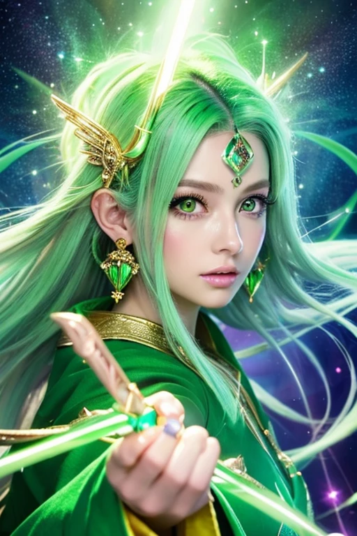 ((highest quality)), ((masterpiece)), (detailed), Perfect Face,kind,Healing,Alluring,fortune teller,Fantastic,vivid,Long Hair,front,Gal,Flashy hair,Wizard,Anime style robe,Green Eyes,Eyelashes,crystal,(Light green),Angel Wings,Large earrings,crystal,crystalのティアラ,Emerald Wand