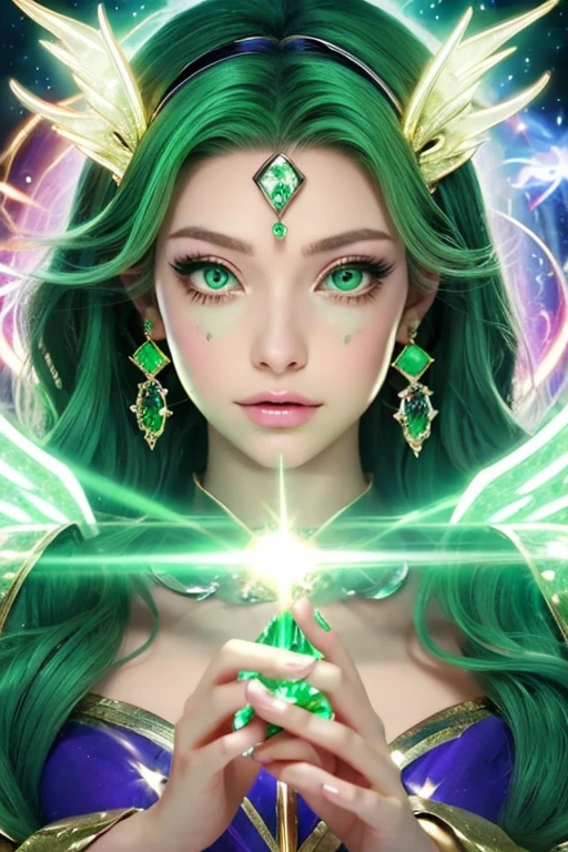 ((highest quality)), ((masterpiece)), (detailed), Perfect Face,kind,Healing,Alluring,fortune teller,Fantastic,vivid,Long Hair,front,Gal,Flashy hair,Wizard,Anime style robe,Green Eyes,Eyelashes,crystal,(Light green),Angel Wings,Large earrings,crystal,crystalのティアラ,Emerald Wand