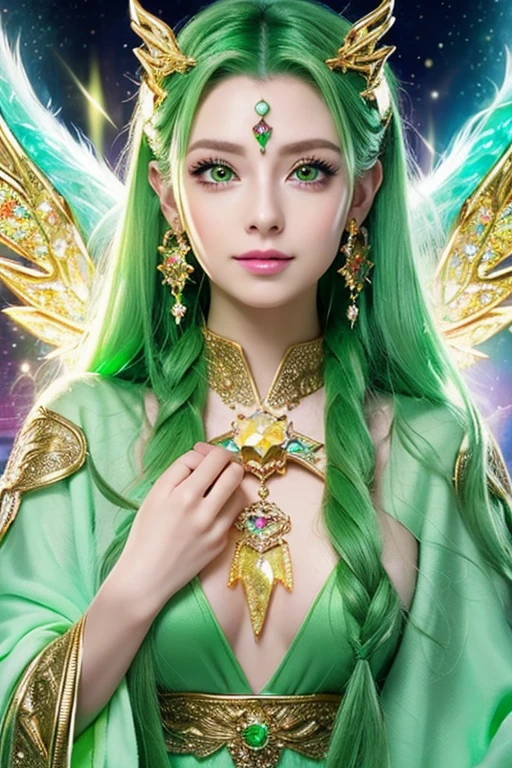 ((highest quality)), ((masterpiece)), (detailed), Perfect Face,kind,Healing,Alluring,fortune teller,Fantastic,vivid,Long Hair,front,Gal,Flashy hair,Wizard,Anime style robe,Green Eyes,Eyelashes,crystal,(Light green),Angel Wings,Large earrings,crystal,crystalのティアラ,Emerald Wand