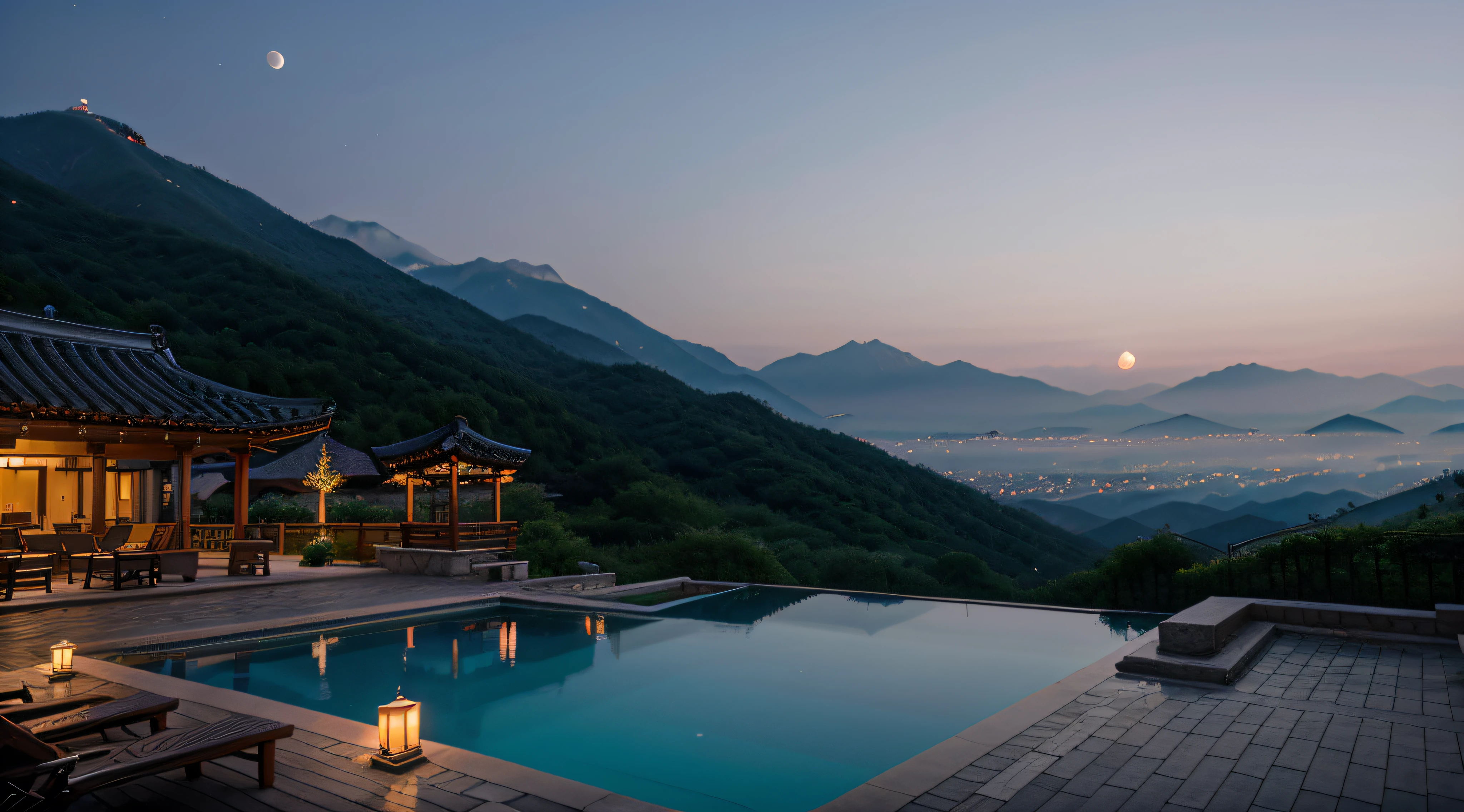 Mountains in Korea, View from the pool, candles, Dreamy, Hanok, valley, moonlit glow, natta, haze