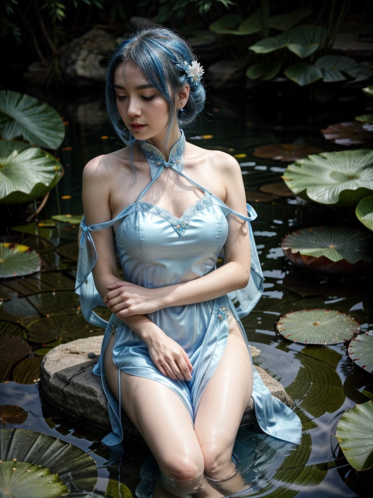 There is a blue dress, 16 long legs, a woman sitting on a rock in the water, standing elegantly on a lotus flower, ethereal beauty, wearing a blue cheongsam, court, a girl in Hanfu, wearing a blue cheongsam, full of fairy Xia, in the pond, white Hanfu, a stunning young ethereal figure, flowing dress, light blue, hair behind ear
