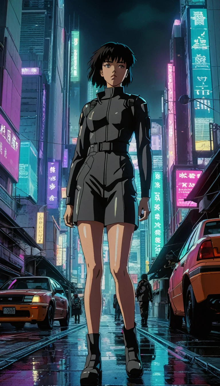 a highly detailed 90s anime style portrait of Motoko Kusanagi from Ghost in the Shell, walking down the street, looking up at the sky, dramatic lighting, vibrant colors, cinematic composition, incredibly detailed cyberpunk environment, neon lights, skyscrapers, futuristic cityscape, reflections on wet pavement, atmospheric depth of field, masterpiece, photorealistic, 8k, HDR