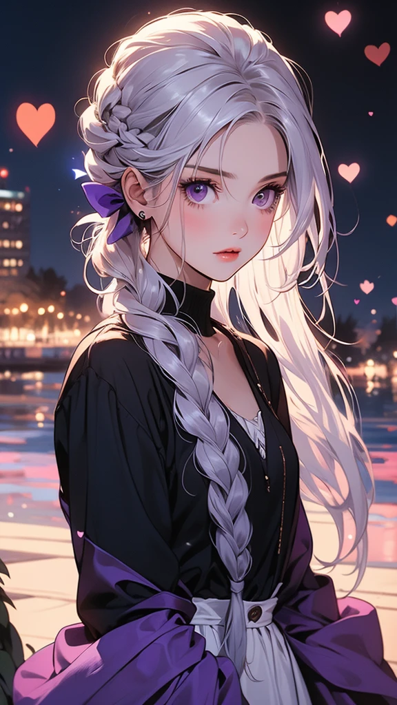 (masterpiece, highest quality), ((The girl has milky white hair on top of her head, gradating to purple at the ends, and has long, straight hair braided in two ponytails.))、 detailed, comics, boy,heart、like、 Meeting between a man and a woman, Manga Page, Doujinshi, Download contents, anime, Branch Panel, (From right to left, Top to bottom),The girl's characteristic is yinji,1girl,solo, purple eyes, long hair, twin braids, purple hair, multicolored hair, elbow gloves, bangs, very long hair,bare shoulders, black skirt, grey hair, dress, smile, side cutout,covered navel, side cutout,