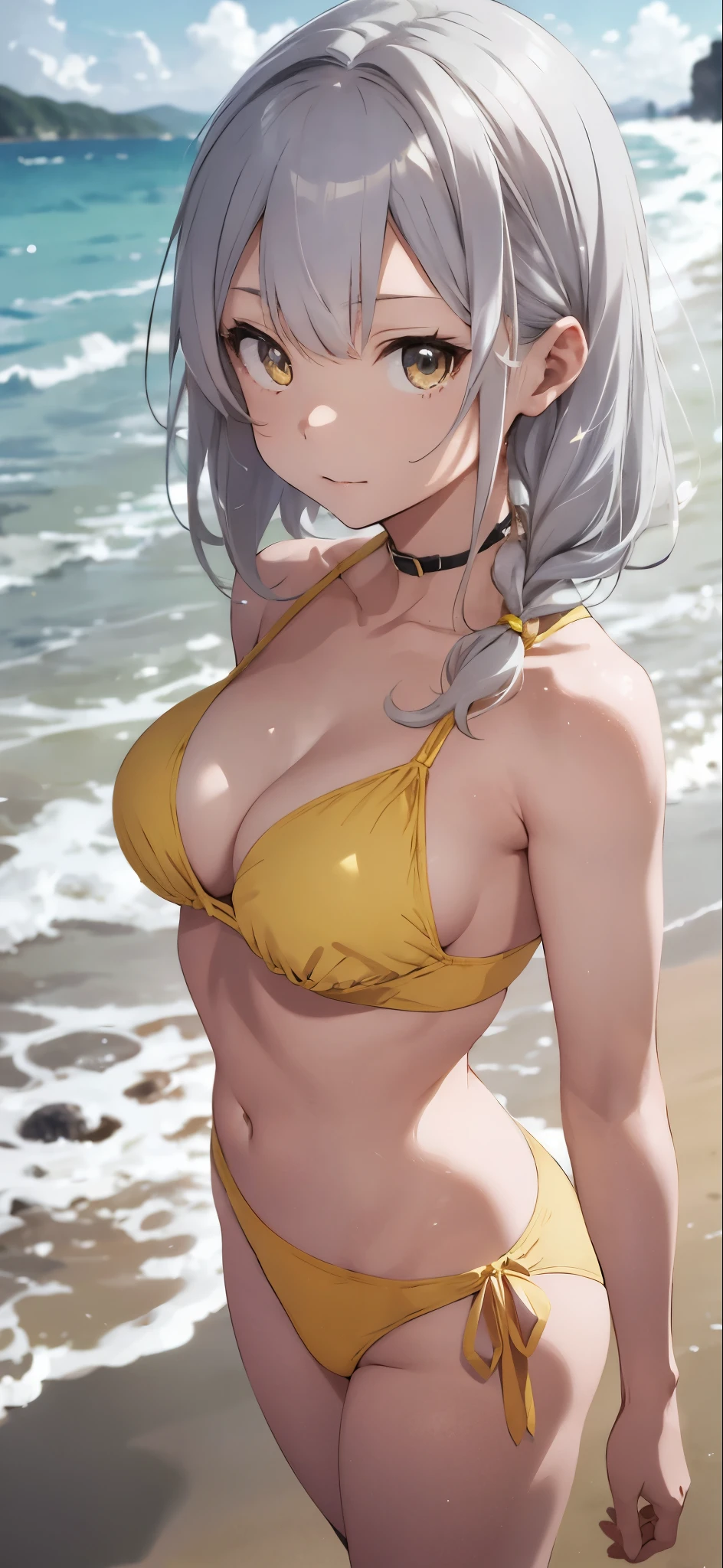 Silver-haired girl drawn in high resolution Japanese anime style、Women in yellow bikinis taking photos on a deserted beach, Bikini Model, , A young and cute gravure idol, Posing together in bras, Russian and Japanese mix, sakimichan, Asian woman, Wear a swimsuit, that'that'that'that'that'that'that'It's hot with the shining sun, Japanese Model, Cute Core, sakimichan hdri, Young Gravure Idol, Chubby