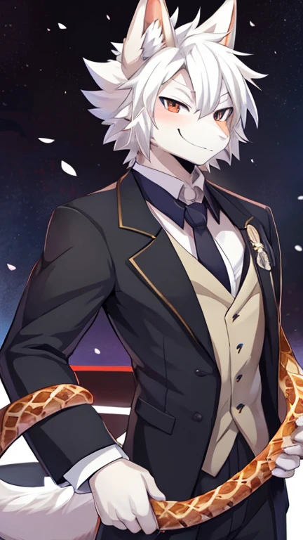 anime character with a snake in his hand and a suit on, from cryptid academia, commission for high res, pixiv, detailed fanart, as an anthropomorphic dragon, anthro dragon art, at pixiv, but as an anthropomorphic dragon, koda kazuma, top rated on pixiv, pixiv contest winner, black and white fur colour, fluffy fur,furry kemono,detailed art, furry dragon,dragon anime anthro, see to viewer, smile, happy face expression,background office