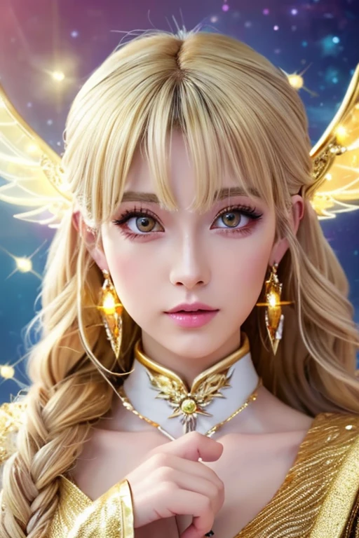 ((highest quality)), ((masterpiece)), (detailed), Perfect Face,kind,Healing,Alluring,fortune teller,Fantastic,vivid,Long Hair,front,Gal,Flashy hair,Wizard,Anime style robe,Yellow Eyes,Eyelashes,crystal,(white gold),Angel Wings,Large earrings,crystal,crystalのティアラ,Gold Cane