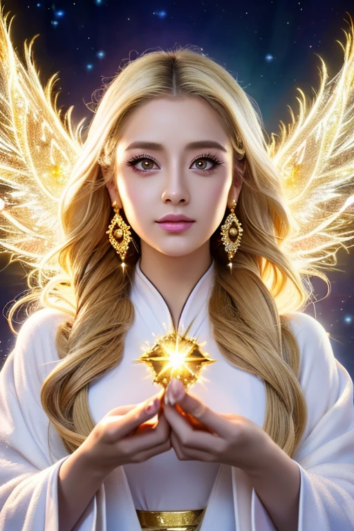 ((highest quality)), ((masterpiece)), (detailed), Perfect Face,kind,Healing,Alluring,fortune teller,Fantastic,vivid,Long Hair,front,Gal,Flashy hair,Wizard,Anime style robe,Yellow Eyes,Eyelashes,crystal,(white gold),Angel Wings,Large earrings,crystal,crystalのティアラ,Gold Cane