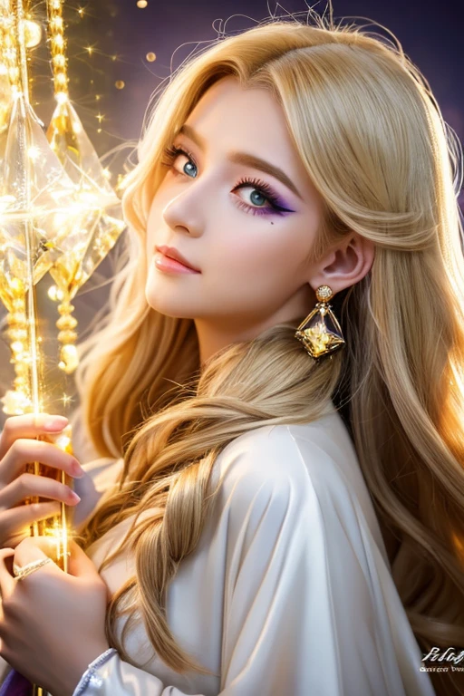 ((highest quality)), ((masterpiece)), (detailed), Perfect Face,kind,Healing,Alluring,fortune teller,Fantastic,vivid,Long Hair,front,Gal,Flashy hair,Wizard,Anime style robe,Yellow Eyes,Eyelashes,crystal,(white gold),Angel Wings,Large earrings,crystal,crystalのティアラ,Gold Cane