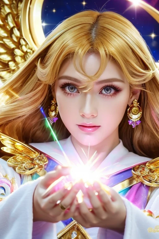 ((highest quality)), ((masterpiece)), (detailed), Perfect Face,kind,Healing,Alluring,fortune teller,Fantastic,vivid,Long Hair,front,Gal,Flashy hair,Wizard,Anime style robe,Yellow Eyes,Eyelashes,crystal,(white gold),Angel Wings,Large earrings,crystal,crystalのティアラ,Gold Cane