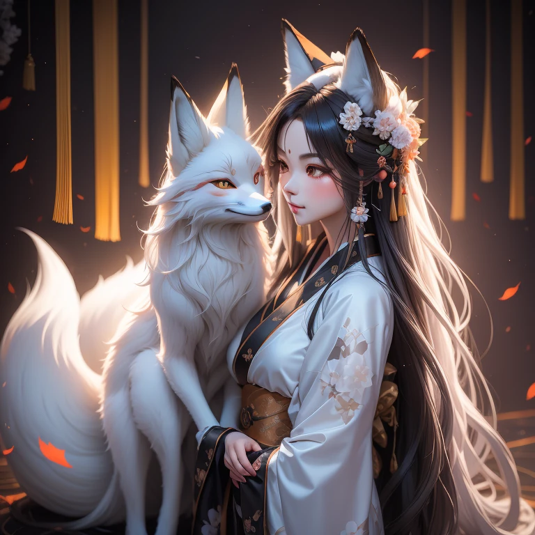 Fox Spirit, Adorned with a Mesmerizing Nine-Tailed Fox's Tail, is vividly portrayed in an enchanting artwork. The artist, Yukimura Masamune, masterfully encapsulates the ethereal allure of the fox spirit through his intricate depiction. The Fox Spirit's silky black hair is artfully sculpted to resemble Fox Ears, with a subtle touch of Fox Markings enhancing her enigmatic charm. Her kimono is delicately translucent, its design subtly revealing her graceful form. The kimono's strategically placed openings create an alluring and mysterious aura, leaving the