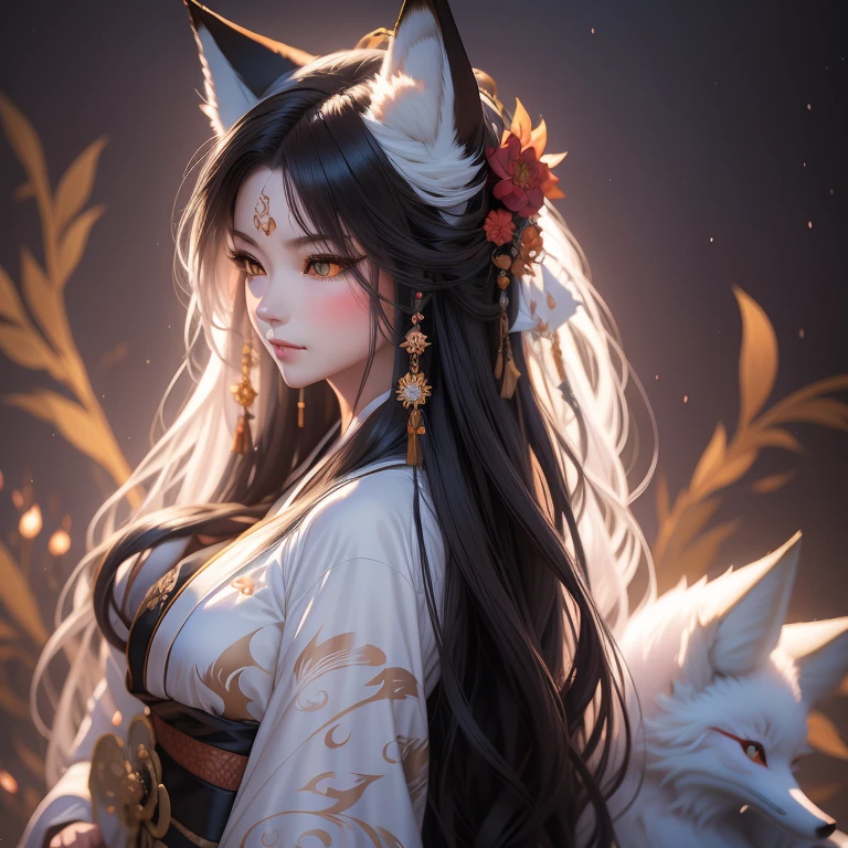 Fox Spirit, Adorned with a Mesmerizing Nine-Tailed Fox's Tail, is vividly portrayed in an enchanting artwork. The artist, Yukimura Masamune, masterfully encapsulates the ethereal allure of the fox spirit through his intricate depiction. The Fox Spirit's silky black hair is artfully sculpted to resemble Fox Ears, with a subtle touch of Fox Markings enhancing her enigmatic charm. Her kimono is delicately translucent, its design subtly revealing her graceful form. The kimono's strategically placed openings create an alluring and mysterious aura, leaving the