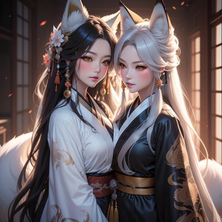 Fox Spirit, Adorned with a Mesmerizing Nine-Tailed Fox's Tail, is vividly portrayed in an enchanting artwork. The artist, Yukimura Masamune, masterfully encapsulates the ethereal allure of the fox spirit through his intricate depiction. The Fox Spirit's silky black hair is artfully sculpted to resemble Fox Ears, with a subtle touch of Fox Markings enhancing her enigmatic charm. Her kimono is delicately translucent, its design subtly revealing her graceful form. The kimono's strategically placed openings create an alluring and mysterious aura, leaving the
