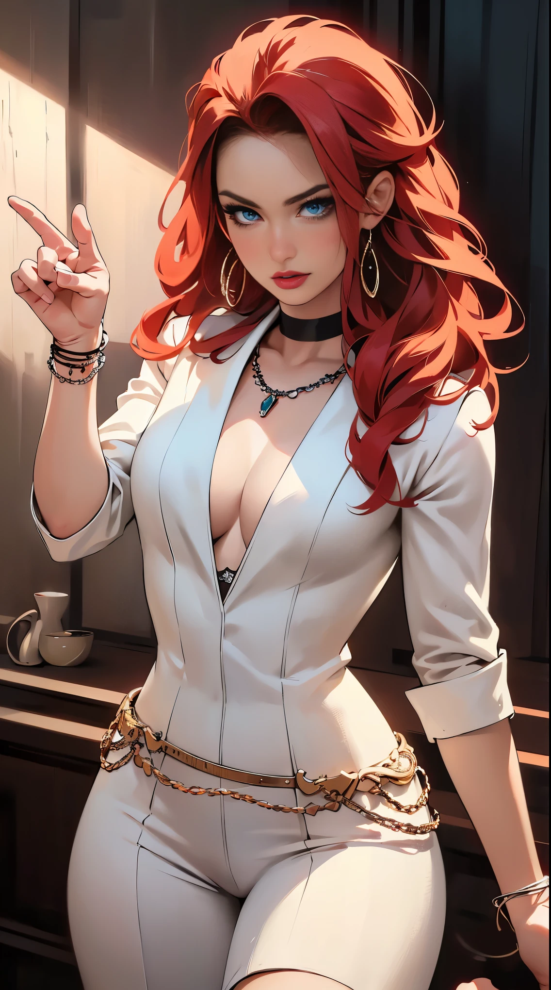 1 beautiful woman, 20 years old, bright red hair, pale white skin (realistic skin details, realistic skin), bright blue eyes (very detailed and vivid eyes), red lips, makeup, necklace, earrings, choker, accessories, perfect body , perfectly round butt, naked, looking at viewer, sexy pose, (perfect hands), (hands with 5 fingers), (masterpiece), (Photorealistic), (8K), (realistic lighting),