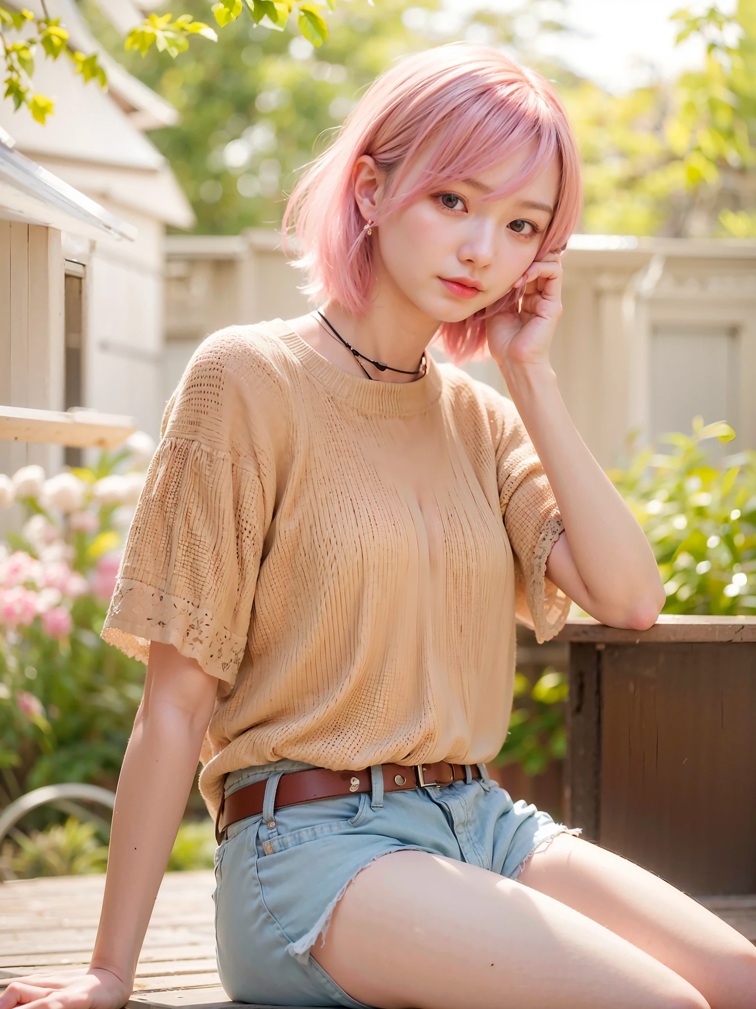 Lakeside park with sunlight shining through the trees, (t-shirt, short pants),  japanese girl, , skinny body, flat chest, extremely cute face, extremely ultra detailed face, extremely ultra real skin, extremely ultra detailed eyes, ultimately intricate details, ultimately realistic textures,  extremely ultra surrealism, (masterpiece, best quality:1.2), (8k uhd, 16k, 32k, ultra high res), (photorealistic:1.37), (RAW photo), ultimately realistic, ultimately realistic all details, ultimatecy realistic all texture, ultimate-intricate details, ultimate-realistic lighting, ultimately realistic shadow, japanese girl, ultimately cute face, ultimately RAW skin, ultimately realistic eyes