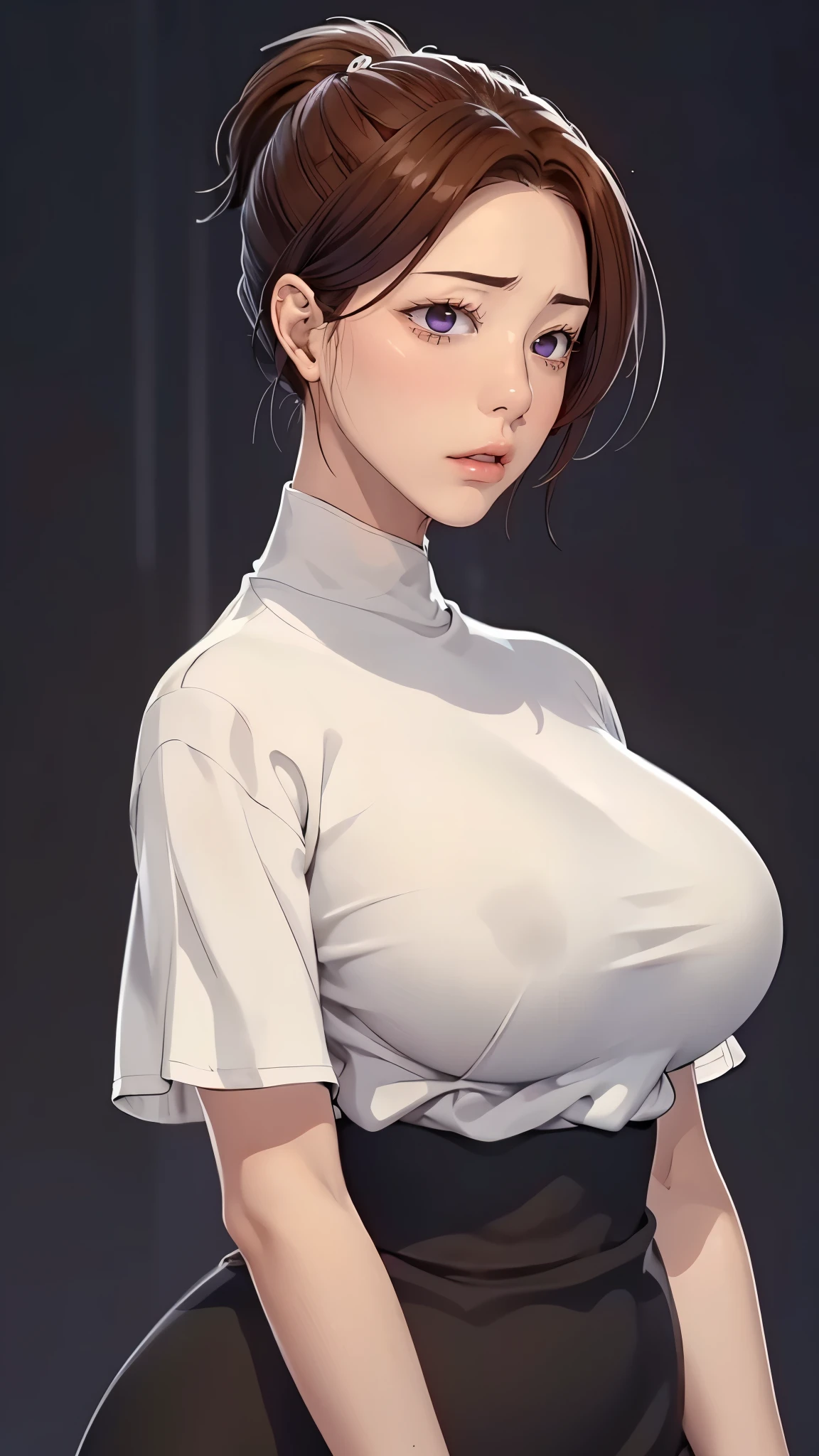 （（（完美figure，figure，solo， White and tender skin，（（（Cyberpunk，red turtleneck shirt, black skirt, ））），（（（junescdef,brown hair,purple eyes,medium hair，））），((masterpiece)),high resolution, ((Best quality at best))，masterpiece，quality，Best quality，（（（ Exquisite facial features，Looking at the audience,There is light in the eyes，(（（lol，Happy，））），））），（（（Light and shadow，Huge breasts））），（（（Looking at the camera，black background，)）））