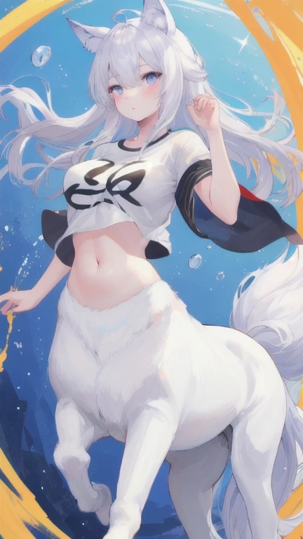(best quality, masterpiece), 1 girl, centaur, It takes, White skin,belly button t-shirt, 아름다운 소녀 perfect wolf photo, perfect wolf photo