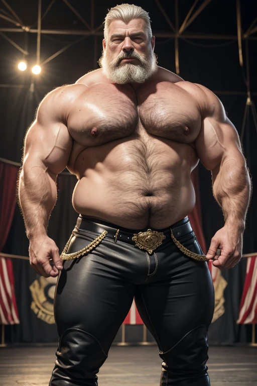  Hyperrealistic image of an old 19th century blonde German circus ringmaster with bare torso gray hair A super heavy bodybuilder flexing his muscles A full body obese bodybuilder with a very sweaty body An extremely muscular and extremely fat elderly man 70 year old weighing over 600 pounds a very hairy muscular man with very large sagging legs Large pectorals dark nipples and gynecomastia on the ring of a circus wearing white riding pants and black high top boots 