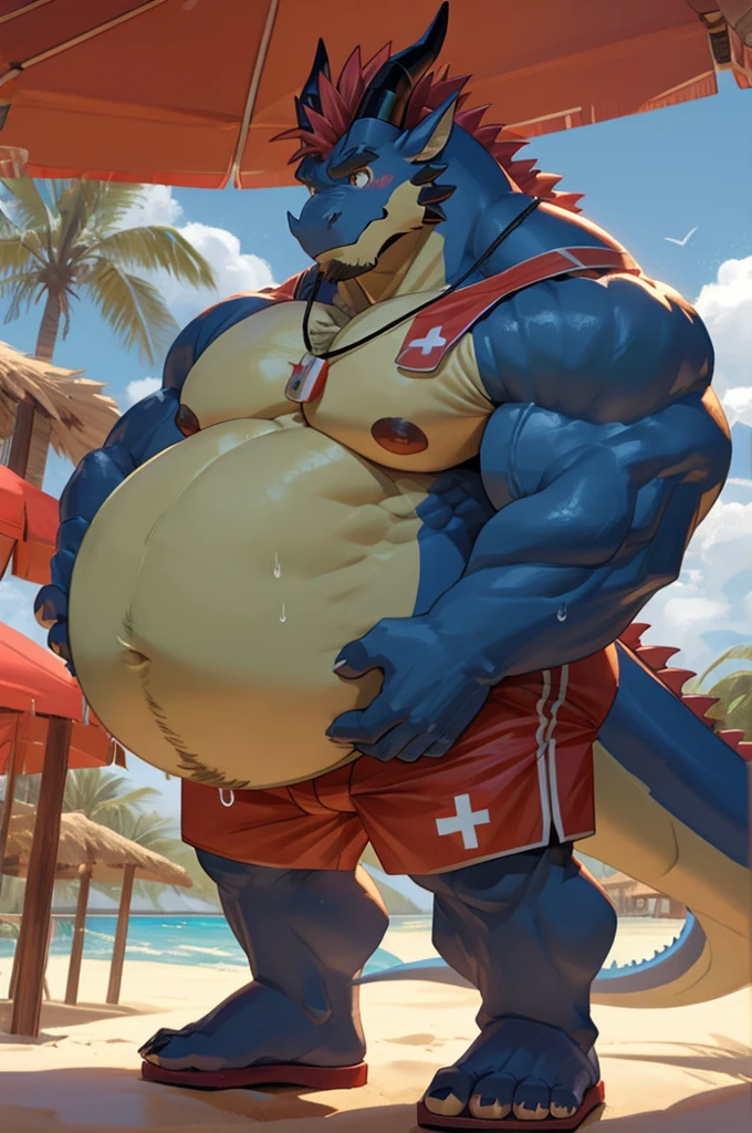 Big buff embarrassed blue cartoon dragon with a humongous ginormously oversized inflated beige stomach, high blue, white eyes with black pupils, big oversized bellybutton, light blue back, lifeguard tank top overhanging on top of his huge stomach, green necklace with dragon tooth, shocked look on his face, high pink blush, spiky red mohawk hairline, red arm necklace, huge ginormous muscular build with gigantic nipples, body hair across his chest and oversized stomach, water droplets all over his muscular body, one hand holding his giganticly oversized stomach, red lifeguard shorts, sandals, standing on a beach resort in a ready to fart position and farting out a huge enormous light green toxic gas cloud coming out of his butthole behind him