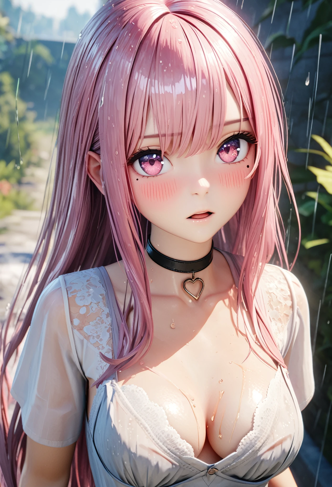 masterpiece, best quality, very detailed, high resolution, expensive resolution, high resolution, 4K, 8k, Unity 8k wallpaper, highly detailed CG, masterpiece, 2D, 3D, beautiful details, depth, fine texture, best quality: 1.3, perfect focus, crisp skin, him,
very cute anime girl, (bra showing through white blouse soaked in pouring rain), large breasts, expensive pink medium long hair, one girl, rain, (raindrops dripping from soaked hair, bra showing through thin blouse soaked in rain), mole under eye, looking at viewer, expensive, blush, mole, open lips, heart, pink eyes, choker