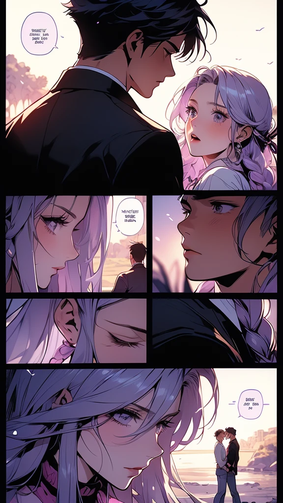 (masterpiece, highest quality), Couple(1 male, 1 woman with purple and white gradient double braids),、 detailed, comics, boy,heart、like、 Meeting between a man and a woman, Manga Page, Doujinshi, Download contents, anime, Branch Panel, (From right to left, Top to bottom),The girl's characteristic is yinji,1girl,solo, purple eyes, long hair, twin braids, purple hair, multicolored hair, elbow gloves, bangs, very long hair,bare shoulders, black skirt, grey hair, dress, smile, side cutout,covered navel, side cutout,