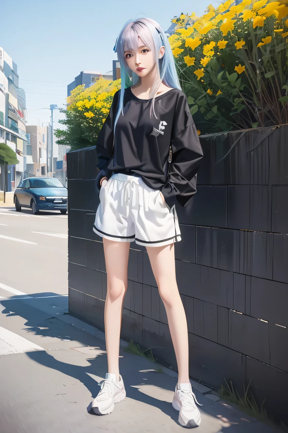 Anime-style image of a woman wearing a black shirt and white shorts, Realistic Anime 3D Style, high quality Anime art style, Anime Style. 8k, Style Anime, Anime Style 4 k, Anime full body illustration, Anime art style, realistic Anime art style, Young Anime Girl, Standing on the street, Standing on street, modern Anime Style