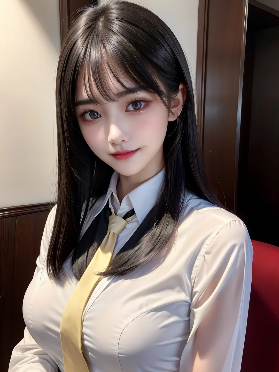 ((highest quality、Masterpiece、High resolution))、(((Zoom photo of upper body、Black Hair)))、(A shy smile:1.2)、One woman、Beautiful Skin、Beautiful Eyes、Big Breasts、blazer、shirt、tie、Trimmed bangs、short hair
