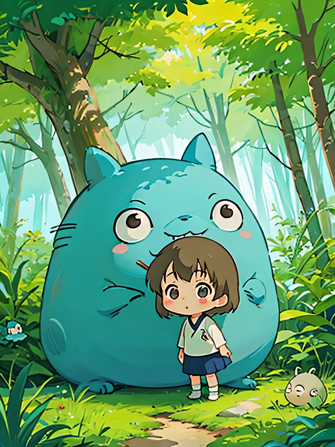 hayao miyazaki style, Kawaii Design, The most beautiful girl of all time、Chibi, drinking calpis、Totoro Forest