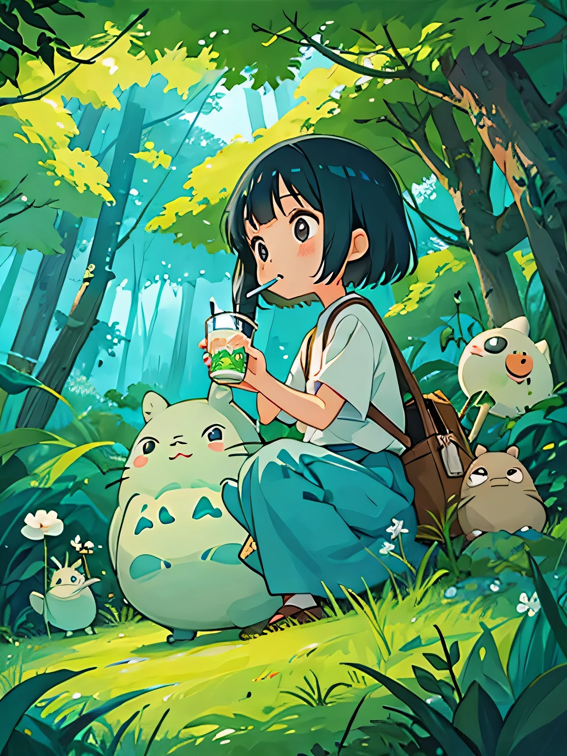 hayao miyazaki style, Kawaii Design, The most beautiful girl of all time、Chibi, drinking calpis、Totoro Forest