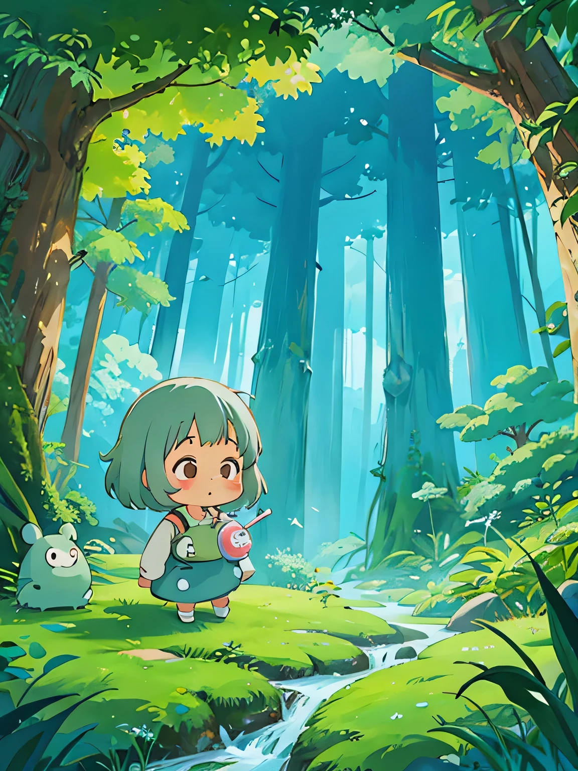 hayao miyazaki style, Kawaii Design, The most beautiful girl of all time、Chibi, drinking calpis、Totoro Forest