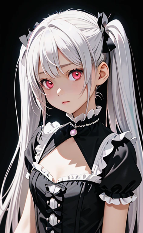 (Photorealistic:1.4)、asuna,(masterpiece、lens flare:1.5、spot light:1.2、Exquisite beautiful eyeonochrome:1.5,portlate、)(),()
、Cute Face、 3D Face、(pearl white hair:1.5、Straight Hair)、(twintails),(1 Girl)、(Red eyes:1.2)、(upper body)、(:>:1.6),(:>:1.6),(:>:1.6)、(head tilt) ,(Cute face:1.2),(flat chest),(),kind face,(white　lace frilled gothic lolita),(black background:1.5)、(glowing eyes:1.3)、()、 Neat and clean、Adorable、Slim Body(Tareme:1.5),Shiny Hair、(Glowing pink Skin)、Nijisketch,Manga,zydG