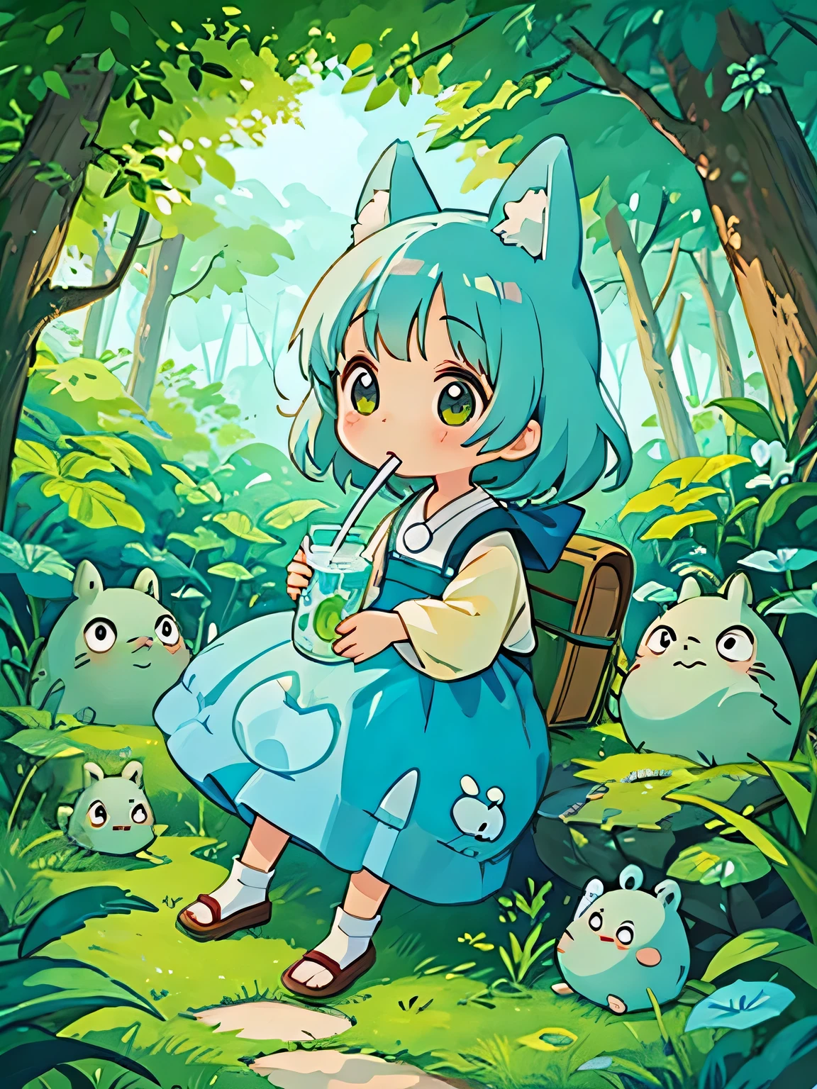 hayao miyazaki style, Kawaii Design, The most beautiful girl of all time、Chibi, drinking calpis、Totoro Forest