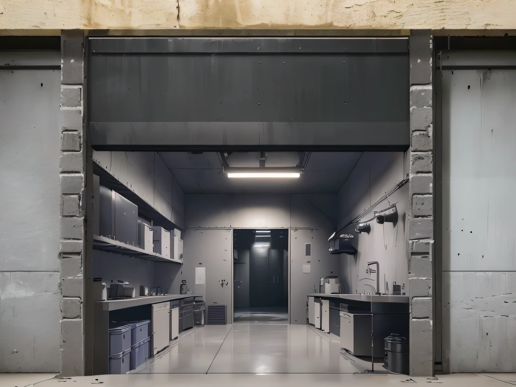 a secret underground laboratory, an ominous dark room, a claustrophobic threshold space, a mysterious warehouse, a grey industrial hangar, a futuristic laboratory, a hidden experimental facility, a metal door leading to a kitchen with a refrigerator, (best quality,4k,8k,highres,masterpiece:1.2),ultra-detailed,(realistic,photorealistic,photo-realistic:1.37),dramatic lighting,cinematic composition,moody atmosphere,gritty industrial aesthetic,chiaroscuro lighting,muted color palette
