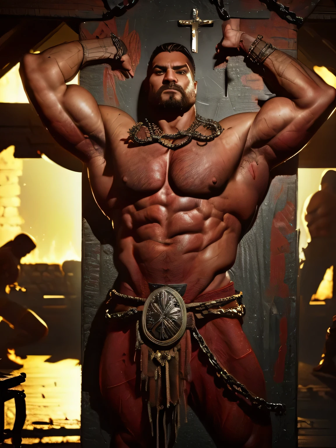 a naked southern muscle god is chained to a wooden cross in a castle courtyard, Hands high above your head, Arme gerade, er steht auf Zehenspitzen, the chest is proudly puffed out, large, bulging chest muscles, angespannte Brustmuskulatur, flex Pecs, very muscular calves, unbekleidet, masculines Gesicht, 35 Jahre alt, stolzer Gesichtsausdruck, nackt, unbekleidet, Folterszene, fotorealistisch,