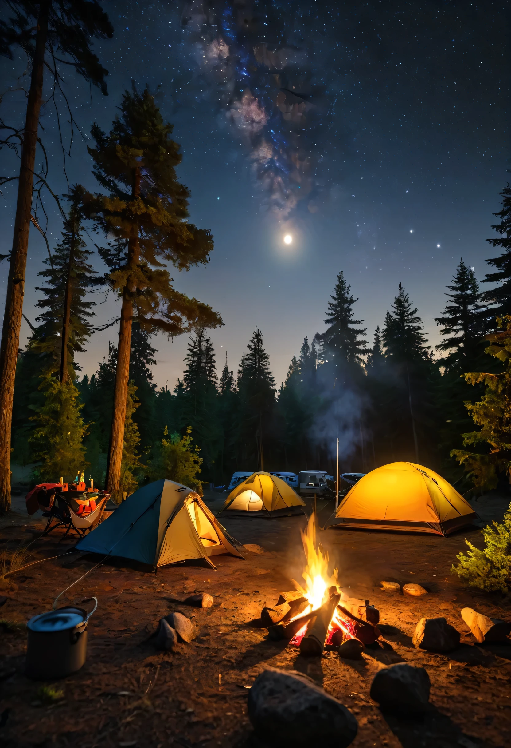 Campsite with tents under the stars in the forest, surrounded by campfire flames. The scene also includes nature exploration using backpacking gear.. Moderate: figure, Realistic. Further details: Greenery surrounding the campsite, Camping equipment scattered around, Detailed camping equipment including cooking utensils, sleeping bag, flashlight. image quality: (highest quality,4K,8k,High resolution,masterpiece:1.2),Super detailed,(Realistic,photoRealistic,photo-Realistic:1.37),High resolution,Studio Lighting,Sharp focus,Vibrant colors. Art Style: landscape, Outdoor Adventure. Color Palette: Earth tones accented with warm flame tones. Lighting: The soft moonlight illuminating the campsite, The warm light of a campfire.