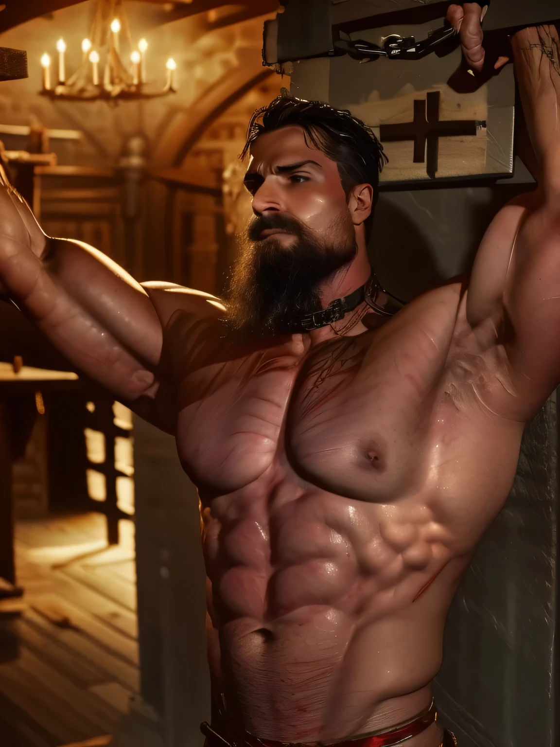 a naked southern muscle god is chained to a wooden cross in a castle courtyard, Hands high above your head, Arme gerade, er steht auf Zehenspitzen, the chest is proudly puffed out, large, bulging chest muscles, angespannte Brustmuskulatur, flex Pecs, very muscular calves, unbekleidet, masculines Gesicht, 35 Jahre alt, stolzer Gesichtsausdruck, nackt, unbekleidet, Folterszene, fotorealistisch,