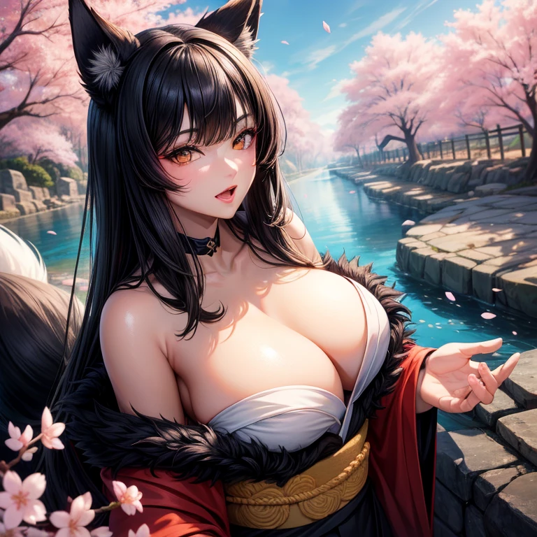 (best quality, highres:1.2), 1 subject, nine-tailed fox, black fur on tail, black fur on ears, fox-inspired makeup, black hair with fox-like bangs, kimono with open chest area, kimono worn, slender yet curvy figure, dominant avatar representation, lewd face expression, focusing on cleavage and bare skin, emphasis on muscular physique, close-up of face, open-mouthed, suggestive gaze, bare shoulders, seductive, outdoor setting, cherry blossom petals falling, golden sunlight, evening.