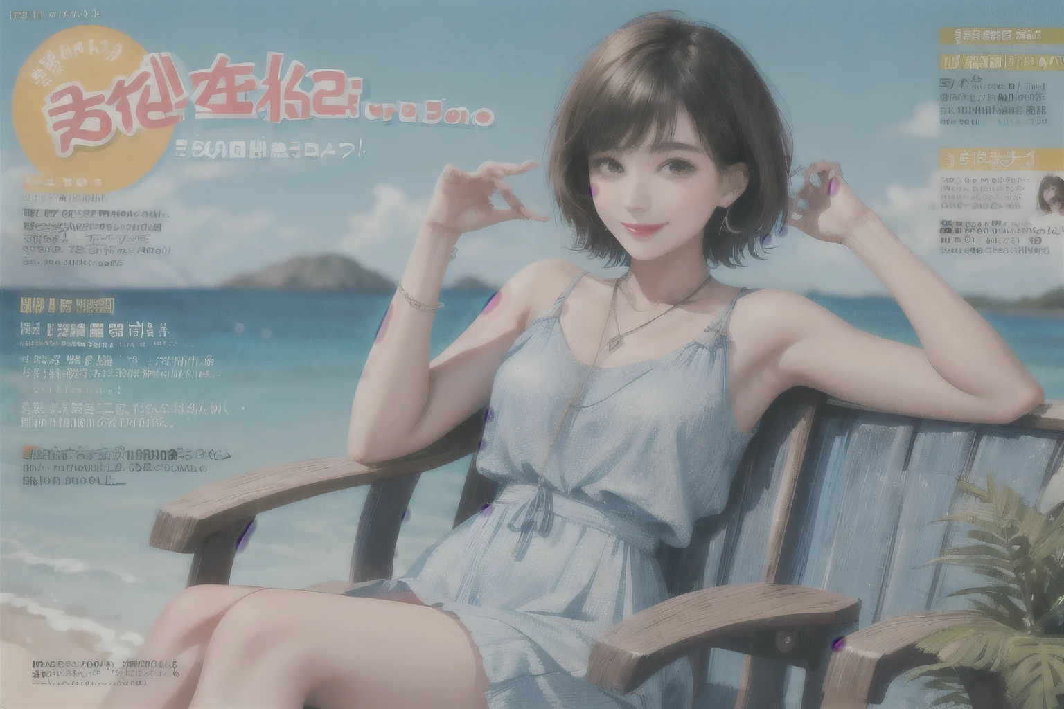 234 20-year-old female, short hair, Summer travel magazine, A kind smile, lipstick, Photo quality