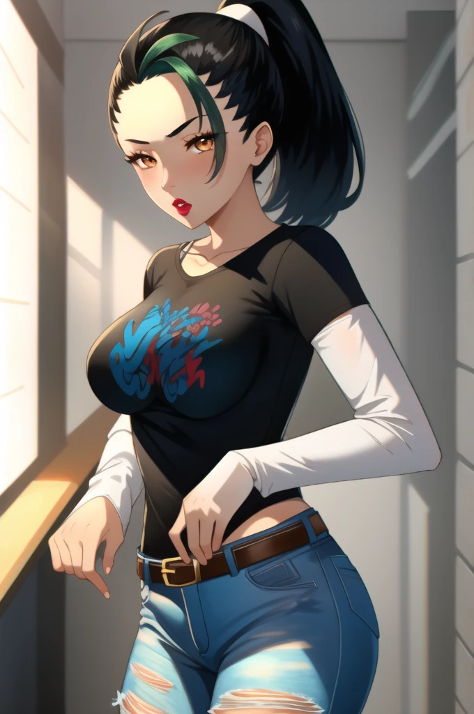 (masterpiece, best quality), nemona, long hair, orange eyes, ponytail, 1girl, solo, standing, black t-shirt, white shirt, blue jeans, belt, lipstick, large breasts, layered sleeves