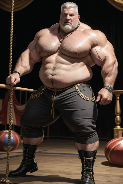 Hyperrealistic image of an old blonde 19th century German Steampunk circus ringmaster with bare torso gray hair A super heavy bodybuilder flexing his muscles A full body obese bodybuilder with a very sweaty body An extremely muscular and extremely fat elderly man older than 70 year old weighing over 600 pounds a very hairy muscular man with very large sagging legs, large pecs, dark nipples and gynecomastia on the ring of a circus wearing white riding pants and black high top boots