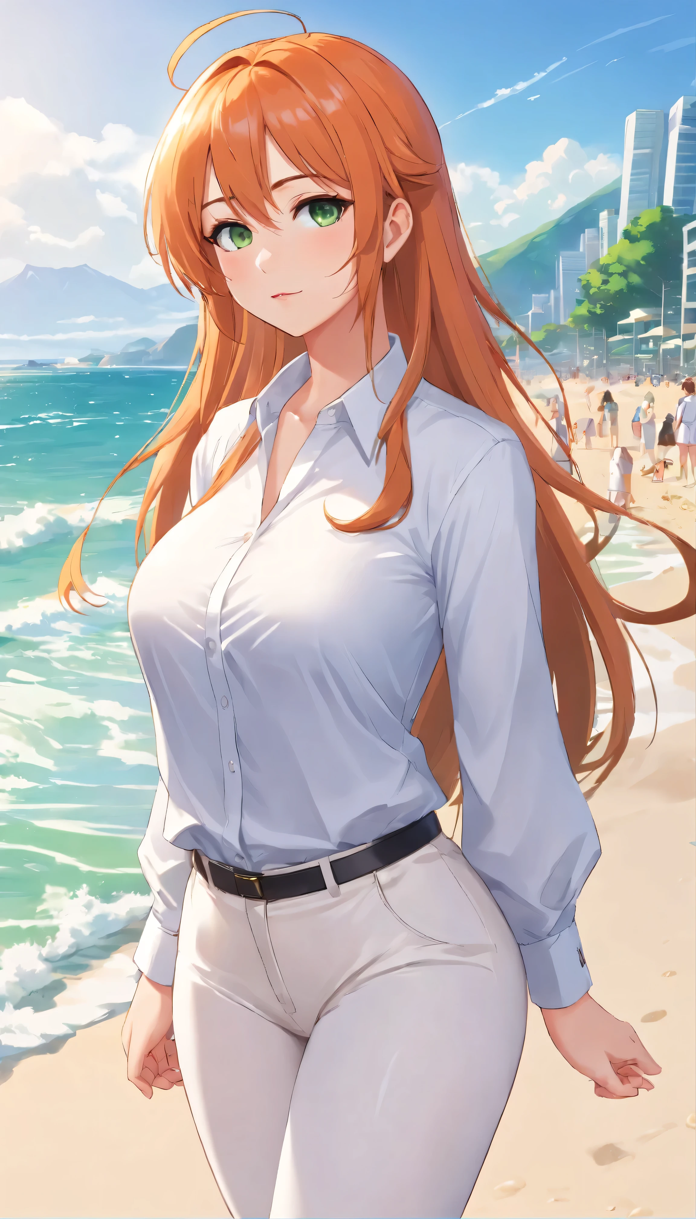 (masterpiece, Best quality), 8K, ultra detailed, realistic photo, Detailed face, perfect lighting, green eyes, bright orange hair, bright hair, fox ears, nice legs, side photo, beautiful, Cute, skin pores, 1 girl, perfect shirt, fully dressed, beautiful women 30 years old, Beautiful proportions, Russian woman, Caucasian, European, Business lady, stunningly beautiful woman, mother, thick legs, show ass, big breasts, (Thin white shirt:1.4), thick, hot, (White Office Wear:1.4), tight pants, (wide hips:1.2), thick, (white Office pants:1.3), spread your legs, Legs open, full length, wide hips, Glasses, with long orange hair, standing on the beach near the ocean, green eyes detailed digital anime art, cat ear, anime girl with long hair, гладкое аниме cg art, anime girl with long hair, digital anime art, work in Guweiz style, Beautiful anime portrait, Photorealistic render of an anime girl, pantyhose, Beautiful anime girl, advanced digital anime art, guweiz на artstation pixiv HD UHD HQ
