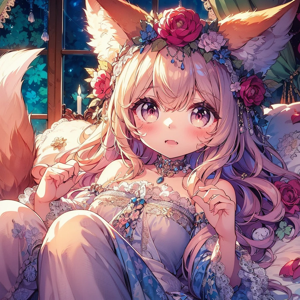 An exquisite and beautiful highly detailed masterpiece, High quality and high resolution),(A cute and delicate beautiful girl illustration in pastel colors with a mature, clear, well-balanced, delicate and beautiful face drawn with thin lines.),A beautiful  with fluffy fox ears, a fluffy tail, cat-like animal eyes, a high nose and sharp fangs is lying sleepily on a bed strewn with flowers in a slightly dark luxurious room at night.,She is wearing a low-cut dress covered in lace, frills and ribbons, and knee-high socks decorated with lace.,(A cute girl with a good figure, wavy bob hair, fair skin, short eyebrows, pale pink cheeks, a very small nose, a mouth with small pointed fangs, plump pink lips, beautiful animal eyes, and a fairly large, fluffy bust.),Sleepy look,Vibrant and eye-catching colors,Watercolor illustration