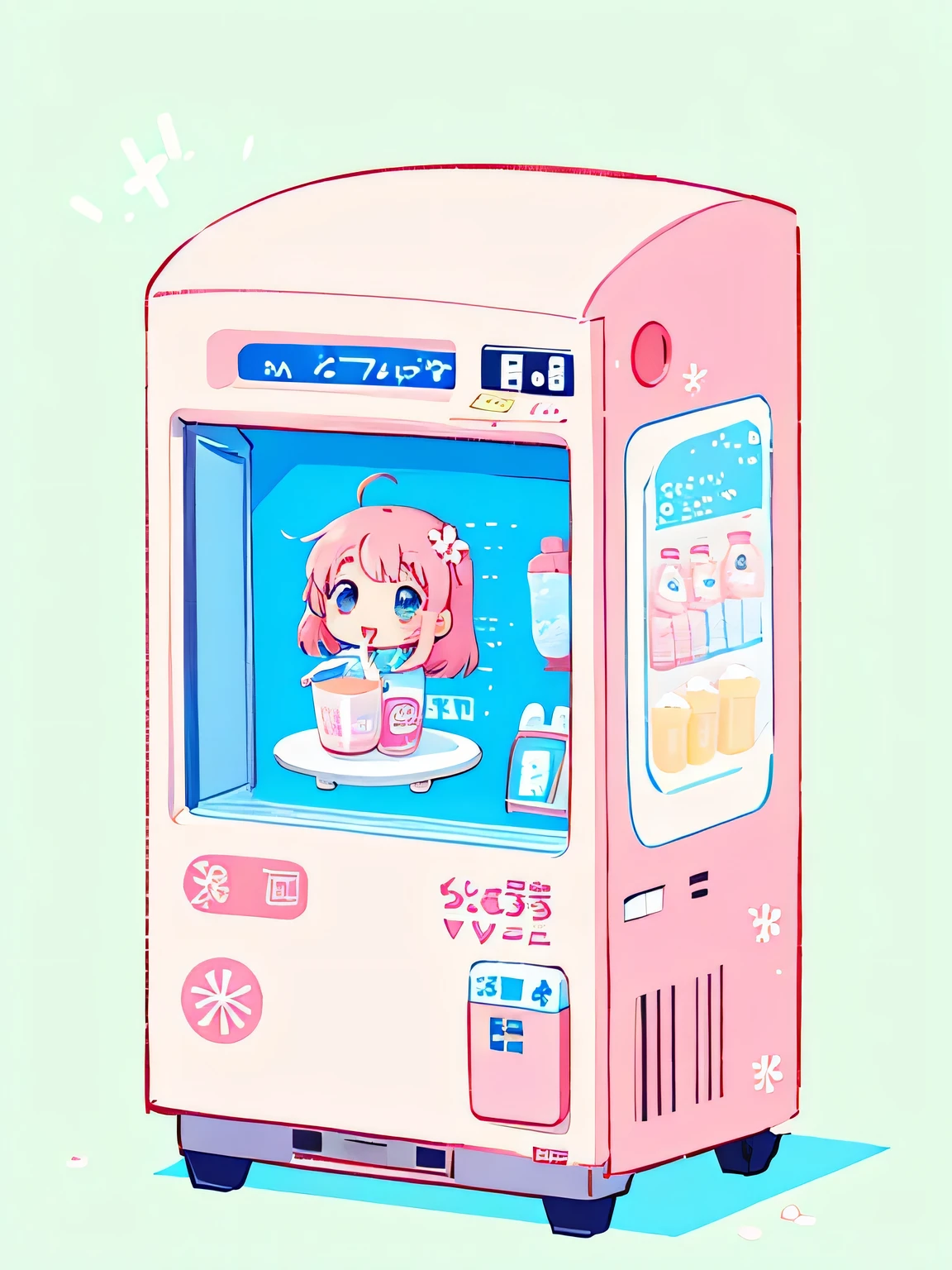 Momoko Sakura style, Kawaii Design, The most beautiful girl of all time、Chibi, drinking calpis、vending machine