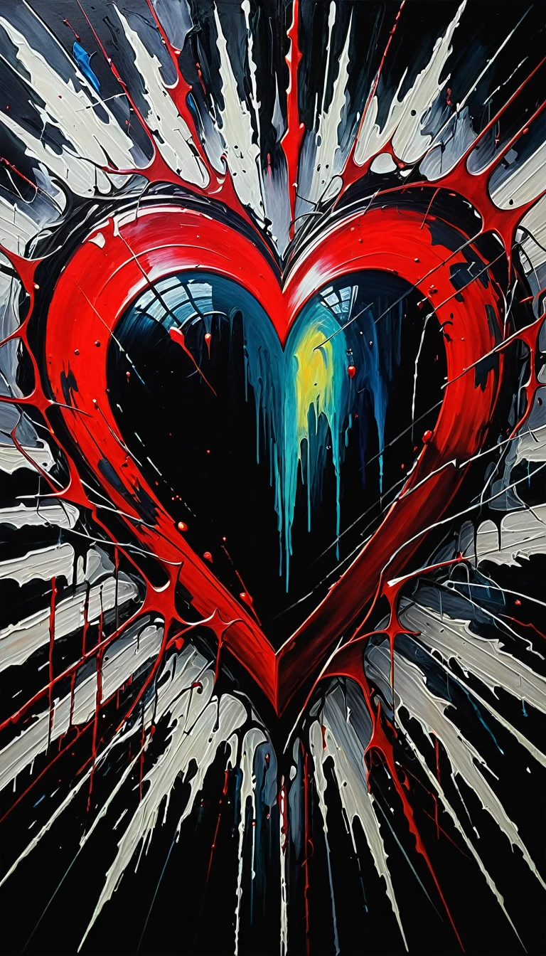 Abstract expressionist painting on the theme of ruby heart beauty, suffering, darkness, rays of light, . energetic brushwork, bold colors, abstract shapes, expressive, emotional. Creepy, disturbing, dark, eerie, suspense, macabre, highly detailed,